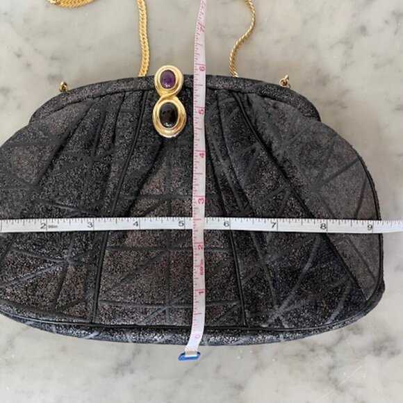 JUDITH LIEBER Vintage Minaudière Black Metallic Suede Gemstone Clasp Purse - Picture 15 of 17